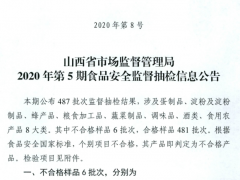 山西省市场监督管理局2020年第5期食品安全监督抽检信息公告