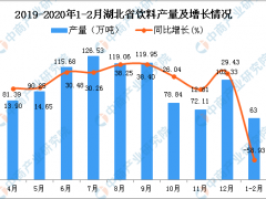 2020年1-2月湖北省饮料产量为63万吨 同比下降58.93%
