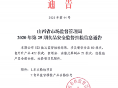 山西省市场监督管理局2020年第25期食品安全监督抽检信息通告