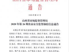 山西省市场监督管理局2020年第26期食品安全监督抽检信息通告